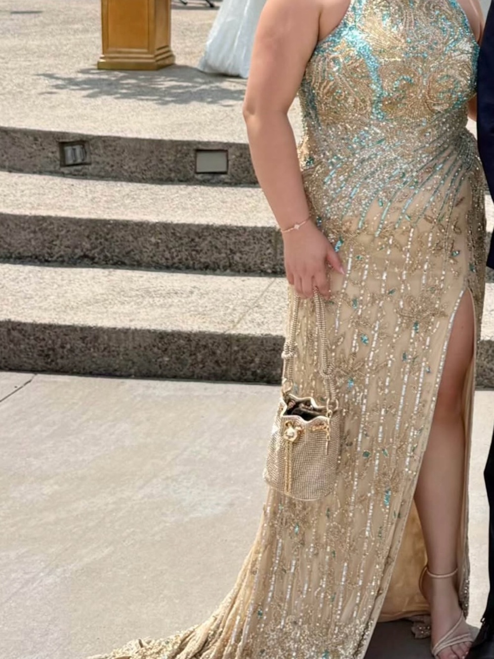 Sherri Hill Gold Sequin Maxi Gown with Turquoise Accents